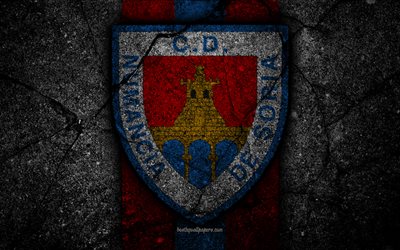 4k, FC Numancia, logo, Segunda Division, soccer, black stone, football club, Spain, CD Numancia, LaLiga2, asphalt texture, Numancia FC
