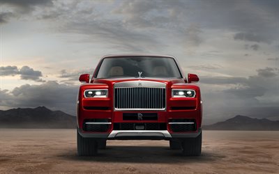 A Rolls-Royce Cullinan, 2018, 4k, exterior, SUV de luxo, vista frontal, vermelho novo Cullinan, Carros brit&#226;nicos, A Rolls-Royce