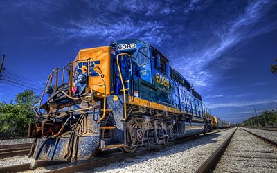 CSX GP40-2 6089, locomotive, train, railway, HDR, CSX 6089, blue train, cargo train