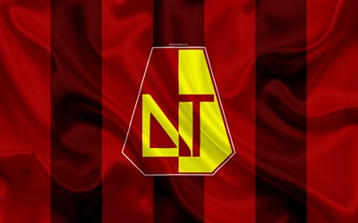 Spor Tolima, 4k, logo, Kolombiyalı Futbol Kul&#252;b&#252;, ipek doku, kırmızı sarı bayrak, Kategori Ma&#231;ı, İbague, Kolombiya, futbol, Lig Aguila