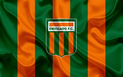 Envigado FC, 4k, logo, Kolombiyalı Futbol Kul&#252;b&#252;, ipek doku, turuncu, yeşil bayrak, Kategori Ma&#231;ı, Envigido, Kolombiya, futbol, Lig Aguila