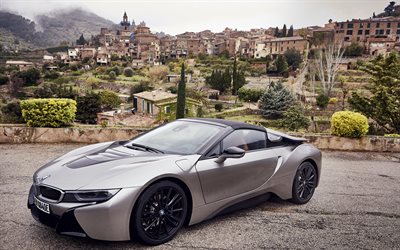 BMW i8 Roadster, 2018, 4k, luxury sports car, electric car, new gray i8, German cars, BMW
