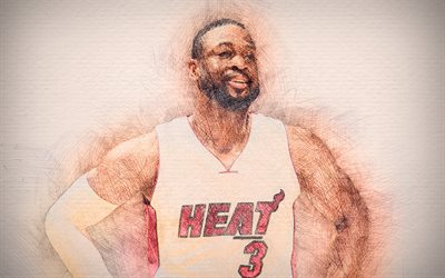 Dwyane Wade, 4k, obras de arte, estrellas del baloncesto, del Heat de Miami, de la NBA, el baloncesto, el dibujo de Dwyane Wade