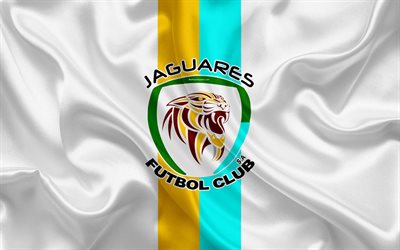 Jaguares de Cordoba, 4k, logo, Colombian football club, silk texture, yellow-blue flag, Categoria Primera A, Monteria, Colombia, football, Liga Aguila