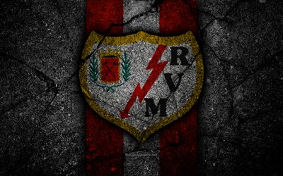 4k, FC Rayo Vallecano, logo, Segunda Division, soccer, black stone, football club, Spain, Rayo Vallecano, LaLiga2, asphalt texture, Rayo Vallecano FC