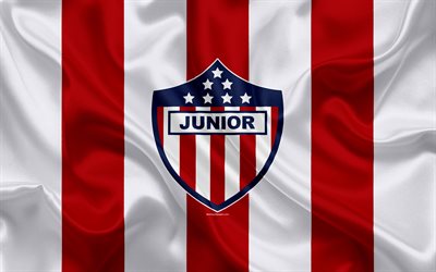Club Deportivo Popular Junior, Atletico Junior FC, 4k, logo, Colombian football club, silk texture, red white flag, Categoria Primera A, Barranquilla, Colombia, football, Liga Aguila