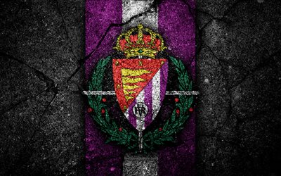 4k, FC Real Valladolid, logo, Segunda Division, soccer, black stone, football club, Spain, Real Valladolid CF, LaLiga2, asphalt texture, Real Valladolid FC