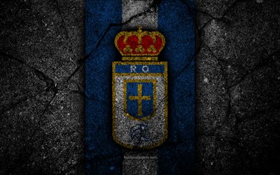 4k, FC Real Oviedo, logotyp, Andra Divisionen, fotboll, svart sten, football club, Spanien, Real Oviedo, LaLiga2, asfalt konsistens, Real Oviedo FC