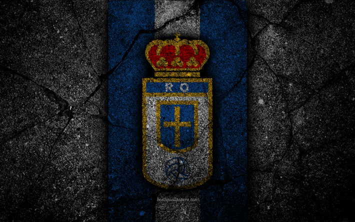 4k, FC Real Oviedo, logotipo, Segunda Divisi&#243;n, f&#250;tbol, piedra negra, club de f&#250;tbol de Espa&#241;a, Real Oviedo, LaLiga2, asfalto, la textura, el Real Oviedo FC