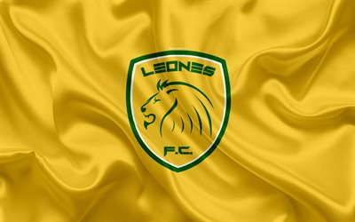 Leones FC, 4k, logo, Colombian football club, silk texture, yellow flag, Categoria Primera A, Itagui, Colombia, football, Liga Aguila