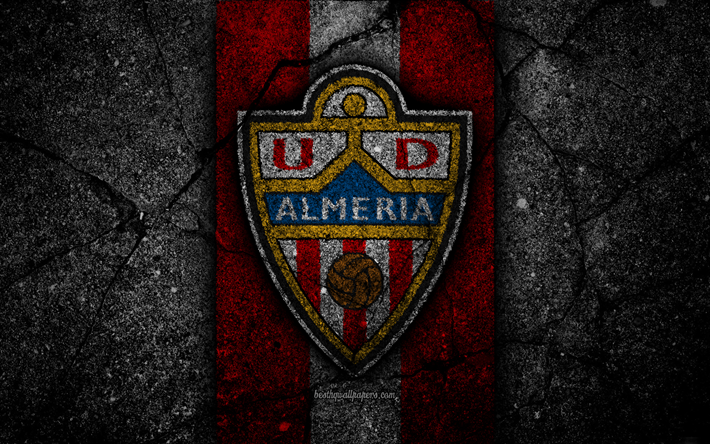 4k, FC Almeria, logo, Segunda Division, futbol, siyah taş, Futbol Kul&#252;b&#252;, İspanya, UD Almeria, LaLiga2, asfalt doku, Almeria FC
