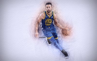 Stephen Curry, 4k, artwork, basketball stars, Golden State Warriors, NBA, basketball, drawing Curry