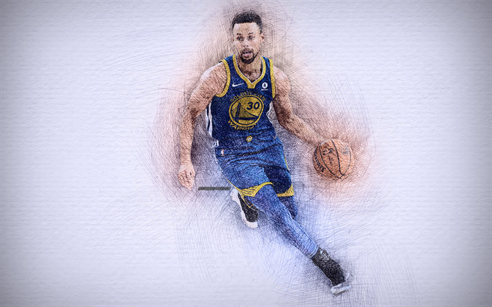 Stephen Curry, 4k, opere d&#39;arte, stelle di basket, i Golden State Warriors NBA, il basket, il disegno di Curry