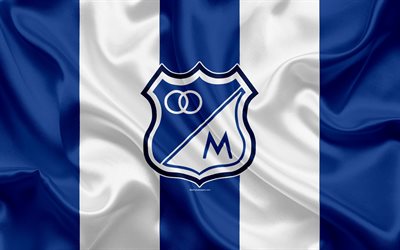 Millonarios FC, 4k, logo, Colombian football club, silk texture, blue white flag, Categoria Primera A, Bogota, Colombia, football, Liga Aguila