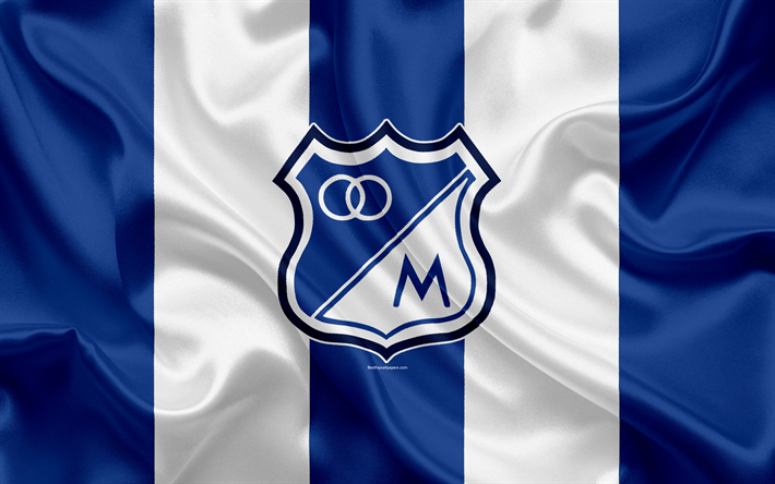 Millonarios FC, 4k, logo, Colombienne football club de, soie, texture, bleu, blanc, drapeau, Categoria Primera A, Bogota, en Colombie, le football, la Liga Aguila