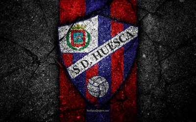 4k, FC Huesca, logo, Segunda Division, soccer, black stone, football club, Spain, SD Huesca, LaLiga2, asphalt texture, Huesca FC