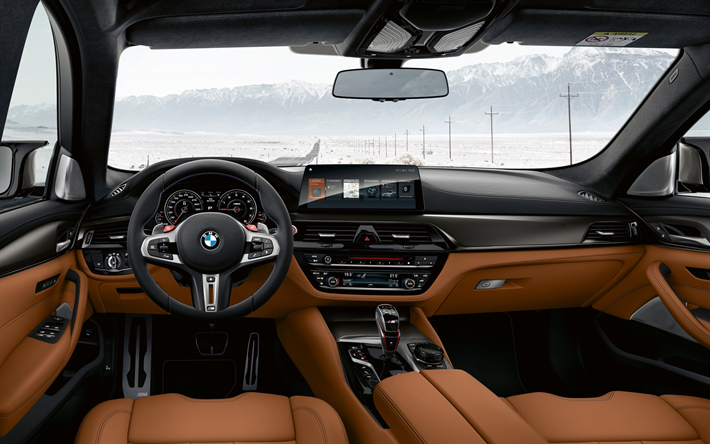 BMW M5 Concorr&#234;ncia, 2019, interior, painel frontal, volante, painel, novo M5, couro marrom interior, Carros alem&#227;es, BMW