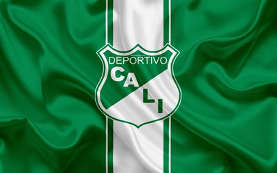 Deportivo Cali, 4k, logo, Colombian football club, silk texture, green flag, Categoria Primera A, Cali, Colombia, football, Liga Aguila