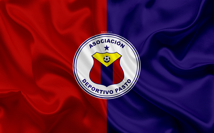 Deportivo Pasto, 4k, logo, Colombiano di calcio per club, seta, trama, rosso-blu, bandiera, Categoria Primera A, Pasto, Colombia, calcio, Liga Aguila