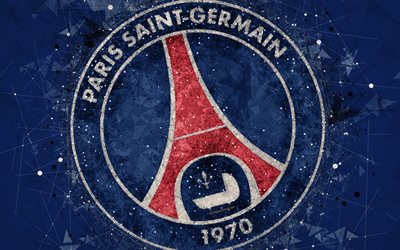 Paris Saint-Germain FC, 4k, PSG, logo, luova geometrinen art, tunnus, Ranskan football club, Pariisi, Ranska, retro-tyyli, Ligue 1, sininen luova tausta