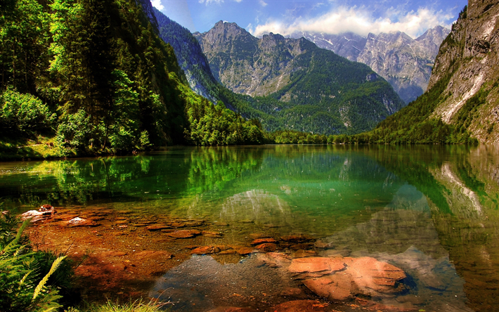 Parco Nazionale di Berchtesgaden, il Lago K&#246;nigssee, montagna, estate, Alpi, Baviera, Germania, Europa