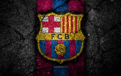 4k, FC Barcelona, logo, Barca, soccer, LaLiga, black stone, football club, Spain, Barcelona, La Liga, asphalt texture, Barcelona FC