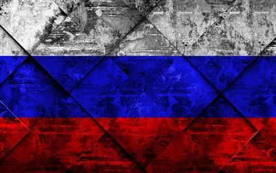 Flag of Russia, 4k, grunge art, rhombus grunge texture, Russian flag, Russian Federation, Europe, national symbols, Russia, creative art