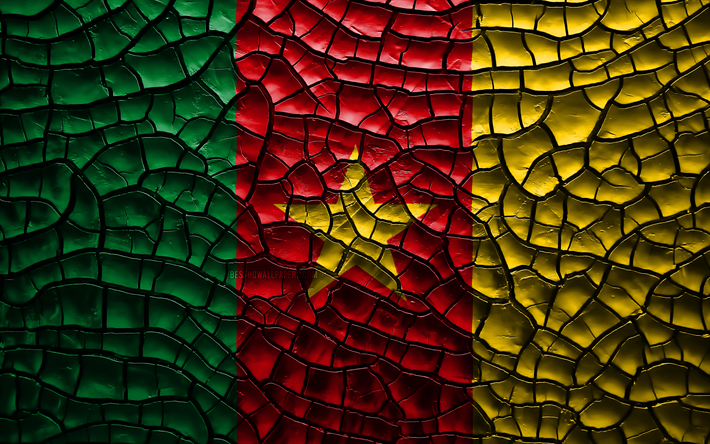 Flaggan i Kamerun, 4k, sprucken jord, Afrika, Kamerun flagga, 3D-konst, Kamerun, Afrikanska l&#228;nder, nationella symboler, Kamerun 3D-flagga