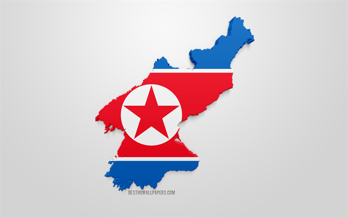 3d flagge von nord-korea, - karte silhouette von nord-korea, 3d-kunst, nordkorea flagge, asien, nord-korea, geographie, nord-korea 3d-silhouette