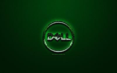 Dell green logo, green vintage background, artwork, Dell, brands, Dell glass logo, creative, Dell logo