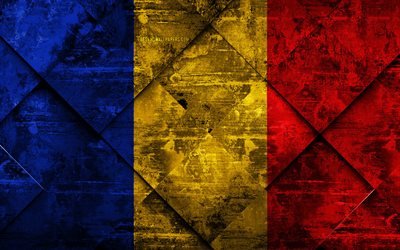 Bandera de Rumania, 4k, grunge arte, rombo grunge textura, rumano bandera, Europa, los s&#237;mbolos nacionales, Rumania, arte creativo