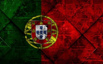 Flagg, 4k, grunge konst, rhombus grunge textur, Portugisiska flaggan, Europa, nationella symboler, Portugal, kreativ konst