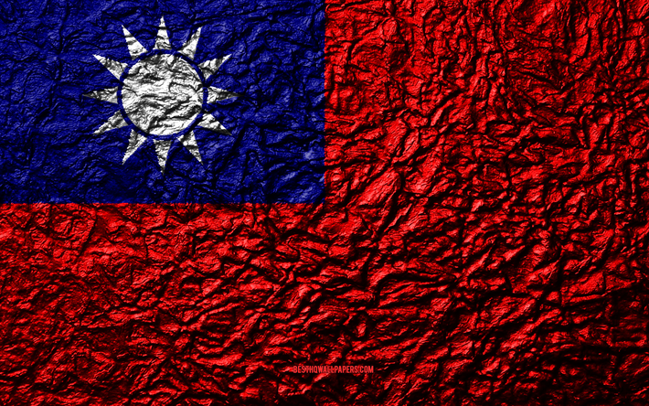 旗の台湾, 4k, 石質感, 波質感, 台湾フラグ, 国立シンボル, 台湾, アジア, 石背景