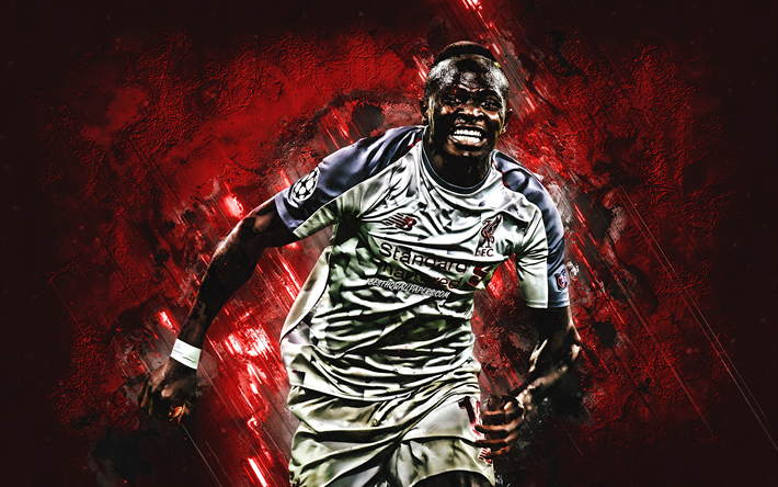 Sadio Mane, Senegalilainen jalkapalloilija, keskikentt&#228;pelaaja, Liverpool FC, muotokuva, punainen kivi tausta, jalkapallo, Premier League