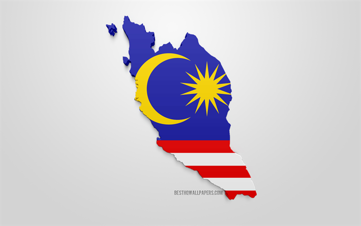 3d-flagga i Malaysia, karta silhuetten av Malaysia, 3d-konst, Malaysia flagga, Asien, Malaysia, geografi, Malaysia 3d siluett