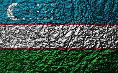 Flag of Uzbekistan, 4k, stone texture, waves texture, Uzbekistan flag, national symbol, Uzbekistan, Asia, stone background