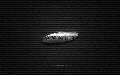 Logotipo da Samsung, a&#231;o polido logotipo, Samsung emblema, marcas, a malha de metal textura, black metal de fundo, Samsung