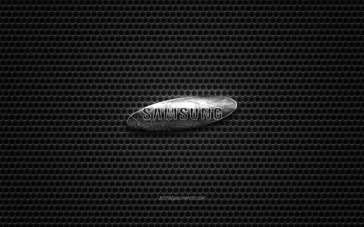 Samsung logosu, &#231;elik cilalı logosu, Samsung amblem, marka, metal mesh dokusu, siyah metal arka plan, Samsung