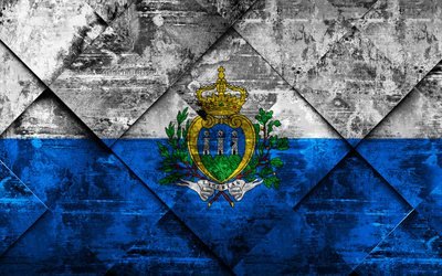 Bandeira de San Marino, 4k, grunge arte, rombo textura grunge, San Marino bandeira, Europa, s&#237;mbolos nacionais, San Marino, arte criativa