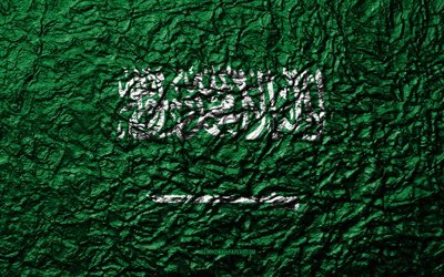 Flag of Saudi Arabia, 4k, stone texture, waves texture, Saudi Arabia flag, national symbol, Saudi Arabia, Asia, stone background