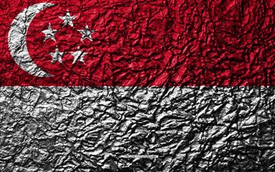 Flag of Singapore, 4k, stone texture, waves texture, Singapore flag, national symbol, Singapore, Asia, stone background