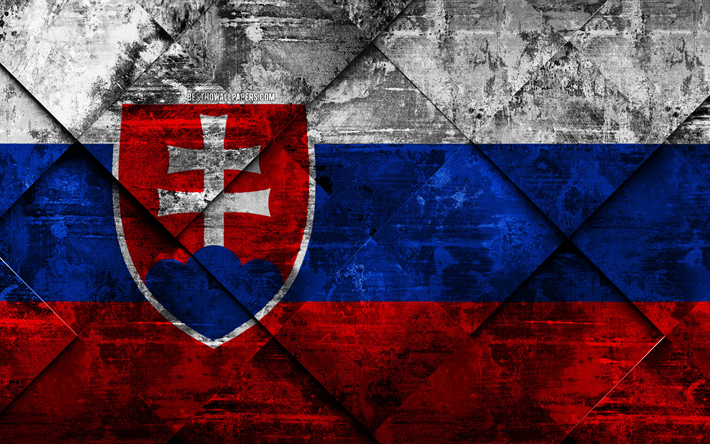 Lippu Slovakia, 4k, grunge art, rhombus grunge tekstuuri, Slovakian lippu, Euroopassa, kansalliset symbolit, Slovakia, creative art