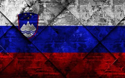 Flaggan i Slovenien, 4k, grunge konst, rhombus grunge textur, Slovenska flaggan, Europa, nationella symboler, Slovenien, kreativ konst