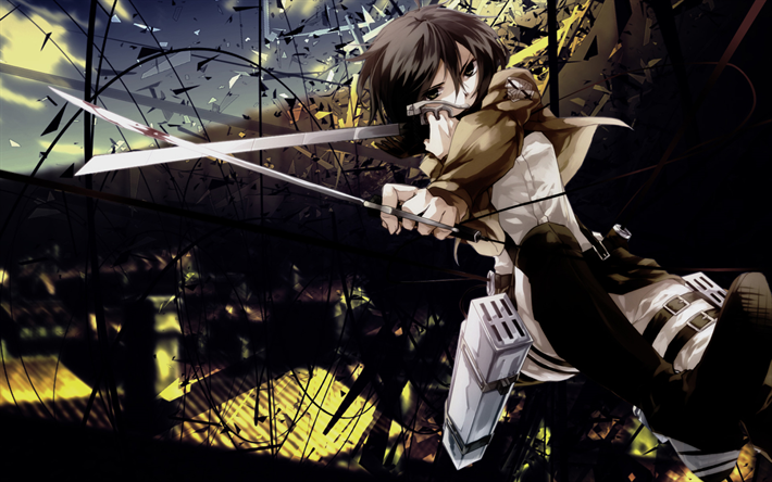 Mikasa Ackerman com espadas, Ataque Titan, a escurid&#227;o, guerreiro, Mikasa Ackerman, mang&#225;, deuteragonists, Mikasa Akkaman