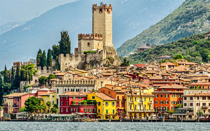 El lago de Garda, 4k, Castelllo Scaligero, las ciudades italianas, Malcesine, Italia, Europa, italiano monumentos