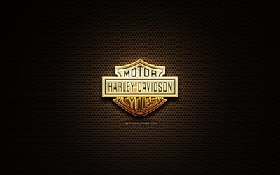 Harley-Davidson glitter logo, creative, metal grid background, Harley-Davidson logo, brands, Harley-Davidson