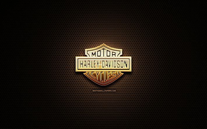 harley-davidson glitter-logo, kreativ, metal grid background, harley-davidson-logo, marken, harley-davidson