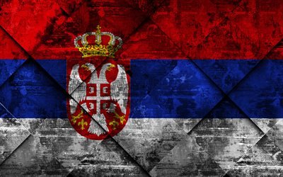 Flaggan i Serbien, 4k, grunge konst, rhombus grunge textur, Serbisk flagga, Europa, nationella symboler, Serbien, kreativ konst