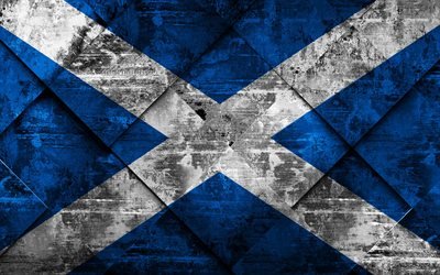 Flagga av Skottland, 4k, grunge konst, rhombus grunge textur, Skotska flaggan, Europa, nationella symboler, Skottland, kreativ konst