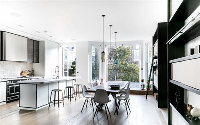stylish kitchen interior, dining room, white-black kitchen, modern interior design